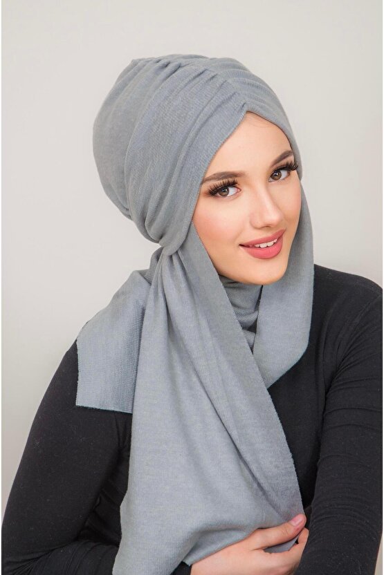 Gri Triko Kelebek Model Büzgülü Bone Şal
