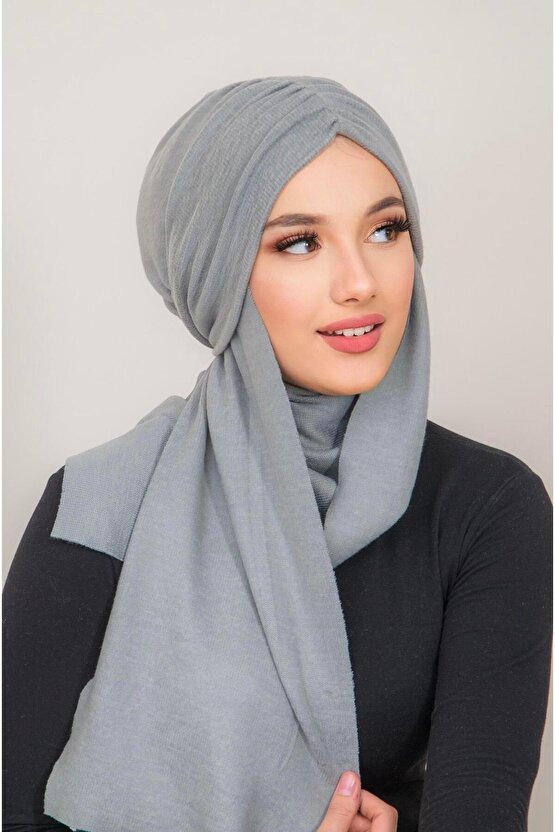 Gri Triko Kelebek Model Büzgülü Bone Şal
