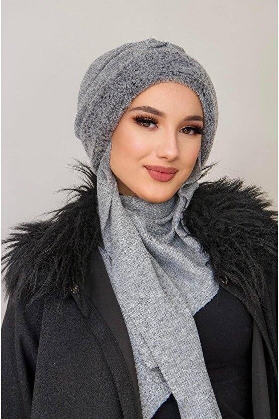 Gri Kürklü Kelebek Bone Şal