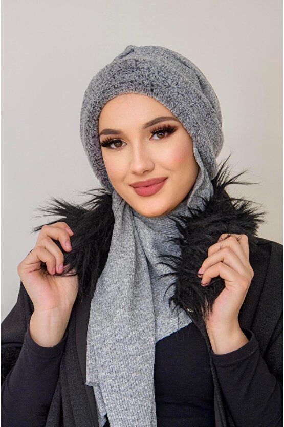 Gri Kürklü Kelebek Bone Şal