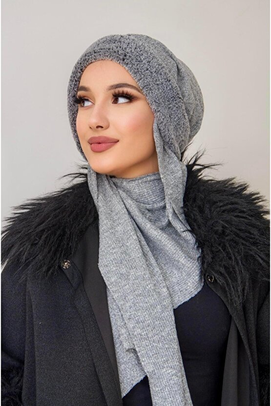 Gri Kürklü Kelebek Bone Şal