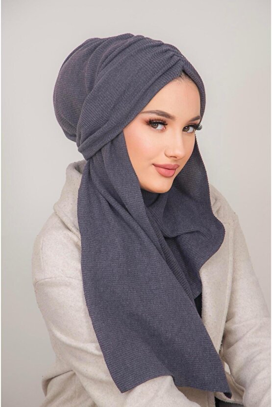 Füme Triko Kelebek Model Büzgülü Bone Şal