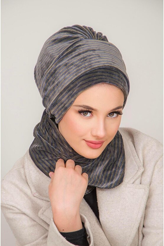 Antrasit Çizgili Kadife Atkılı Tesettür Bone