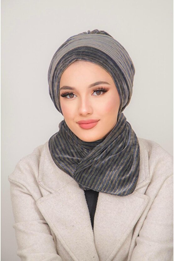 Antrasit Çizgili Kadife Atkılı Tesettür Bone