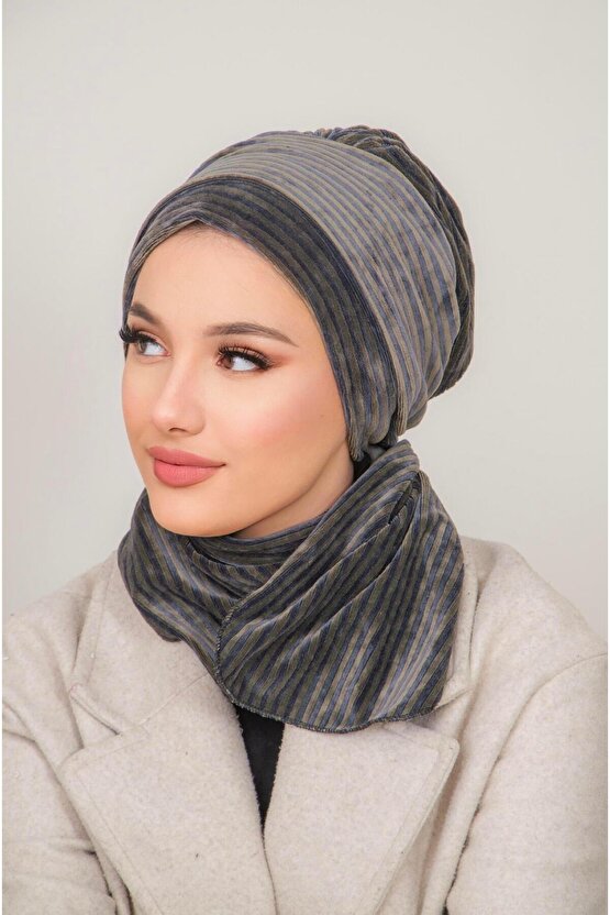 Antrasit Çizgili Kadife Atkılı Tesettür Bone