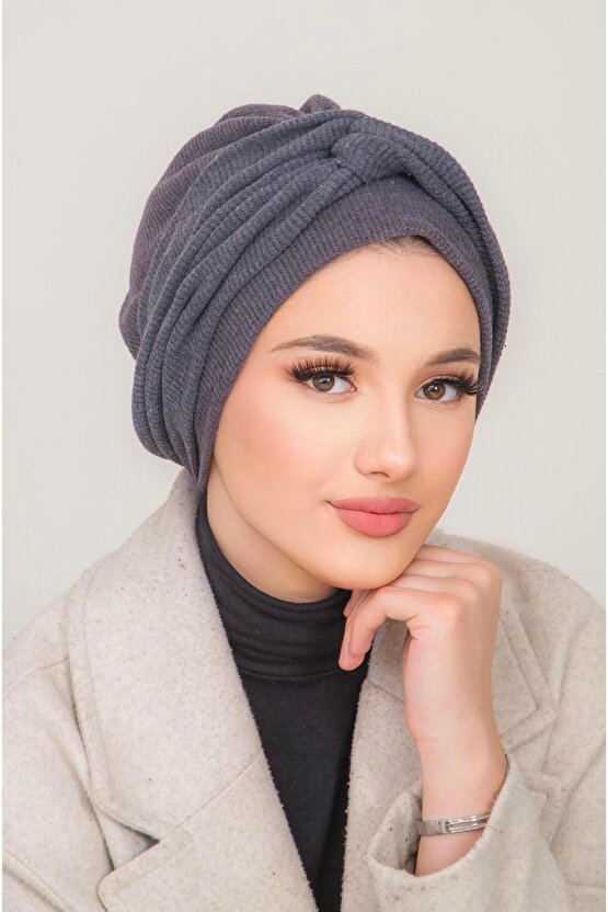 Füme Triko Burgu Detaylı Bone