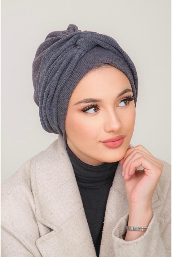 Füme Hazır Triko Burgu Detaylı Bone