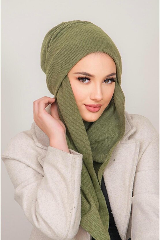 Haki Triko Kelebek Bone Şal