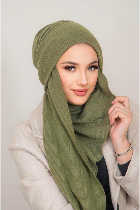 Haki Triko Kelebek Bone Şal