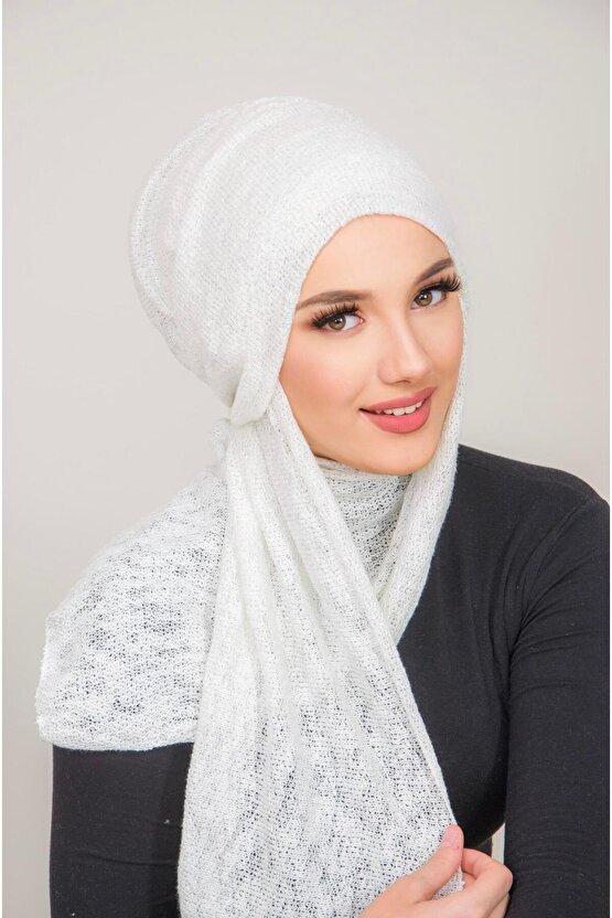 Beyaz Triko Kelebek Bone Şal