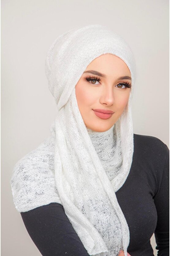 Beyaz Triko Kelebek Bone Şal