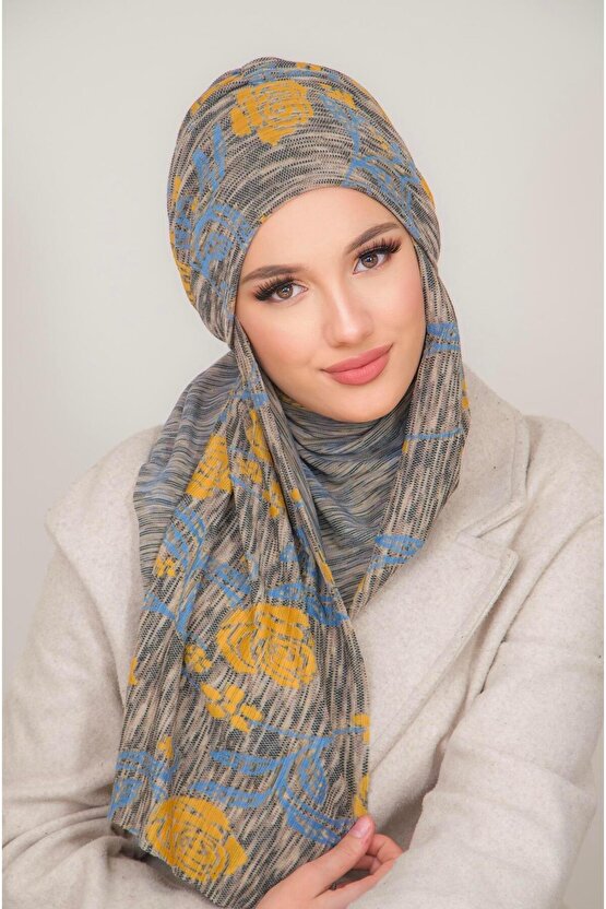 Gri Hardal Desen Kelebek Bone Şal