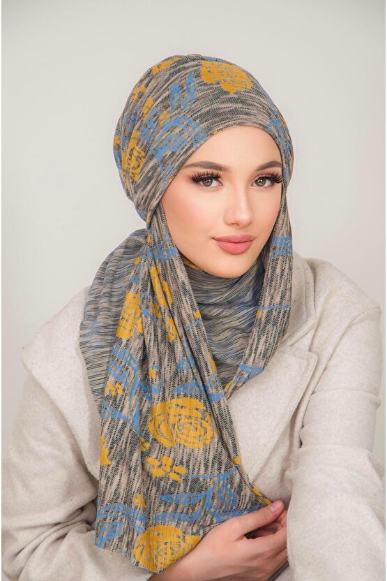 Gri Hardal Desen Kelebek Bone Şal