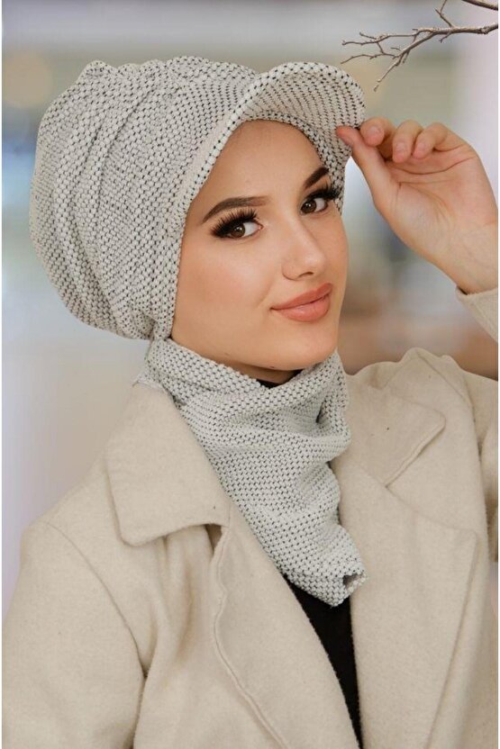 Kırık Beyaz Petek Desen Tesettür Şapka ve Etol Takım