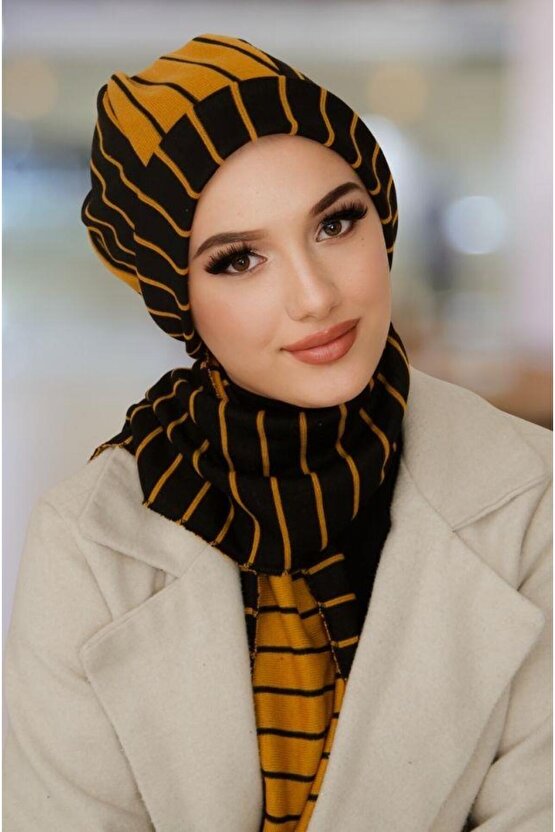 Hardal Siyah Çizgili Tesettür Bere