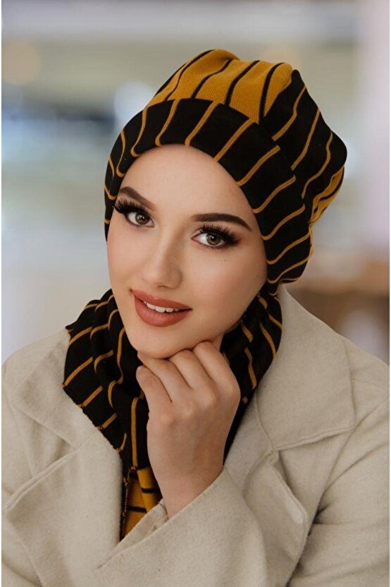 Hardal Siyah Çizgili Tesettür Bere