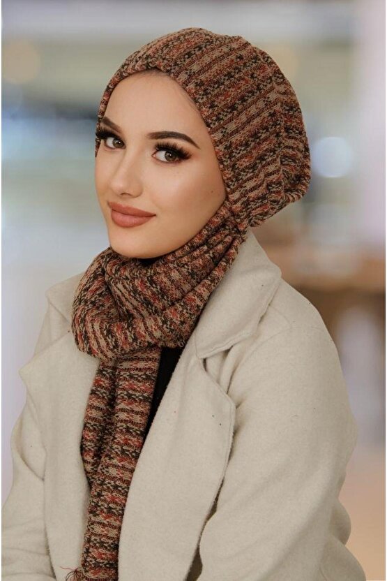 Taba Çizgili Triko Kelebek Bone Şal