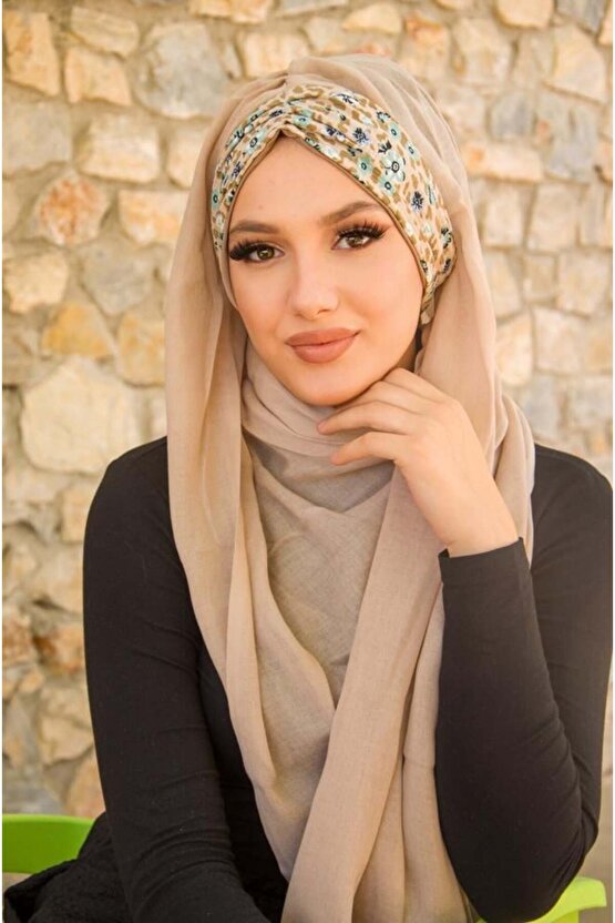 Bej Çiçek Desen Hazır Şal