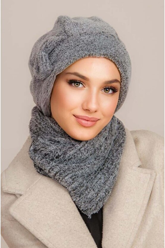 Gri Melanj Welsoft Etol ve Tesettür Bere Takım