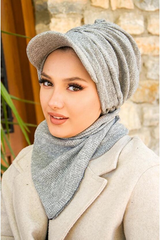Gri Triko Büzgülü Tesettür Şapka Ve Etol Takım