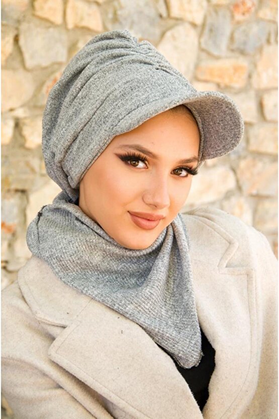 Gri Triko Büzgülü Tesettür Şapka Ve Etol Takım