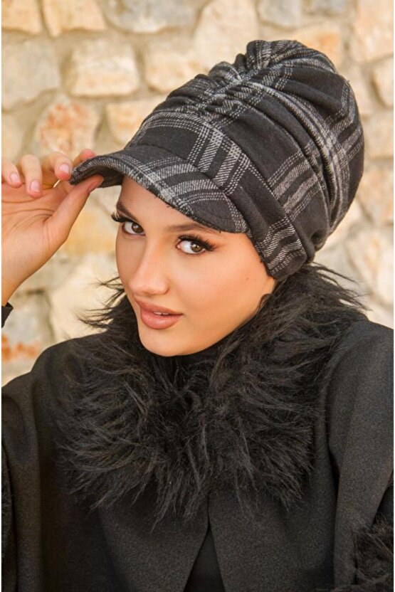 Füme Siyah Ekose Desen Tesettür Şapka