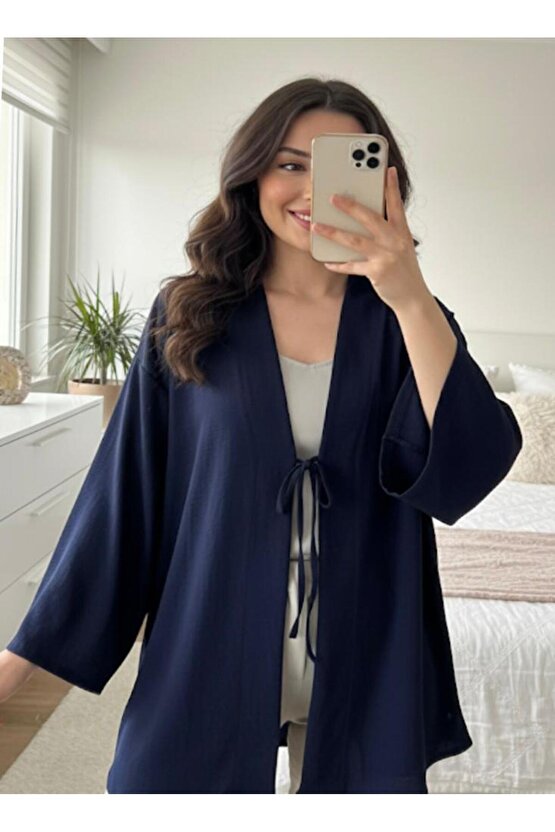 Lacivert Önü Bağlamalı Kimono Tunik Likralı Yazlık Kumaş