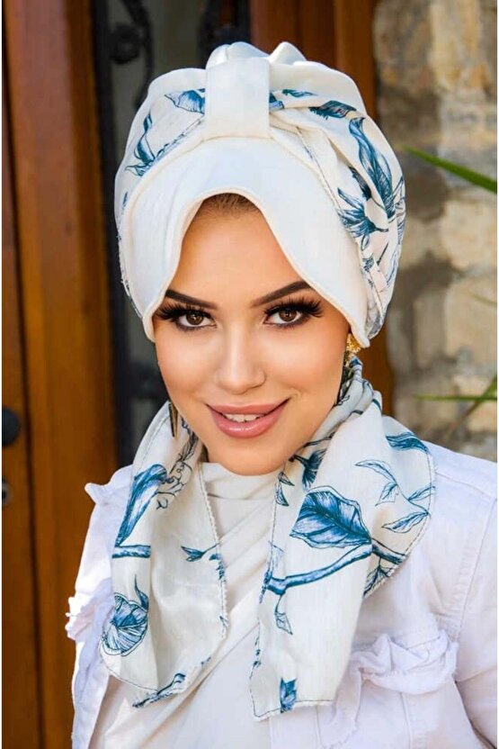 Beyaz Lacivert Yaprak Şapkalı Bone
