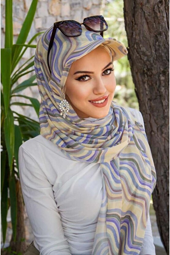 Soft Tonlar Geometrik Desen Kepli Bandana Şapka Şal