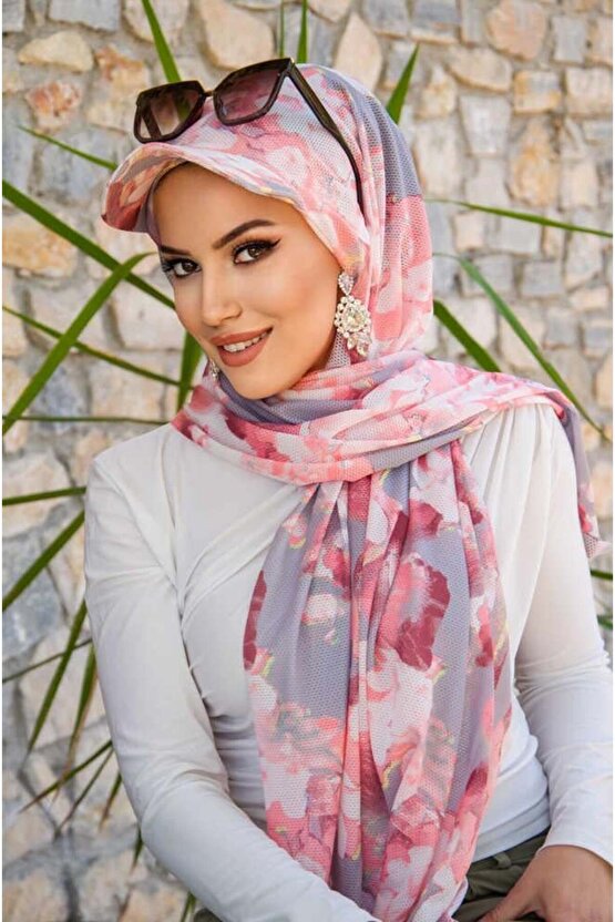 Pudra Gri Desen Kepli Bandana Şapka Şal