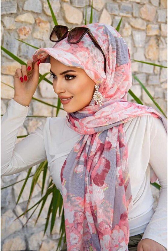 Pudra Gri Desen Kepli Bandana Şapka Şal