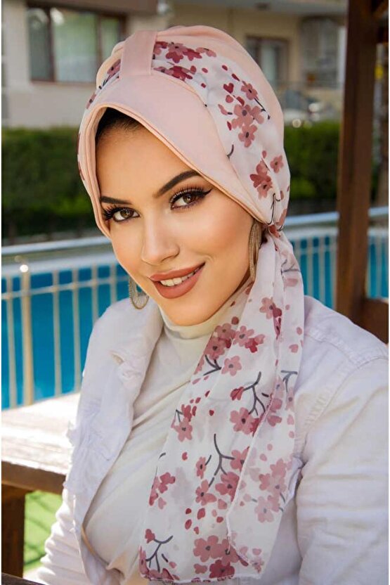Pudra Çiçek Desen Fularlı Şapka Bone