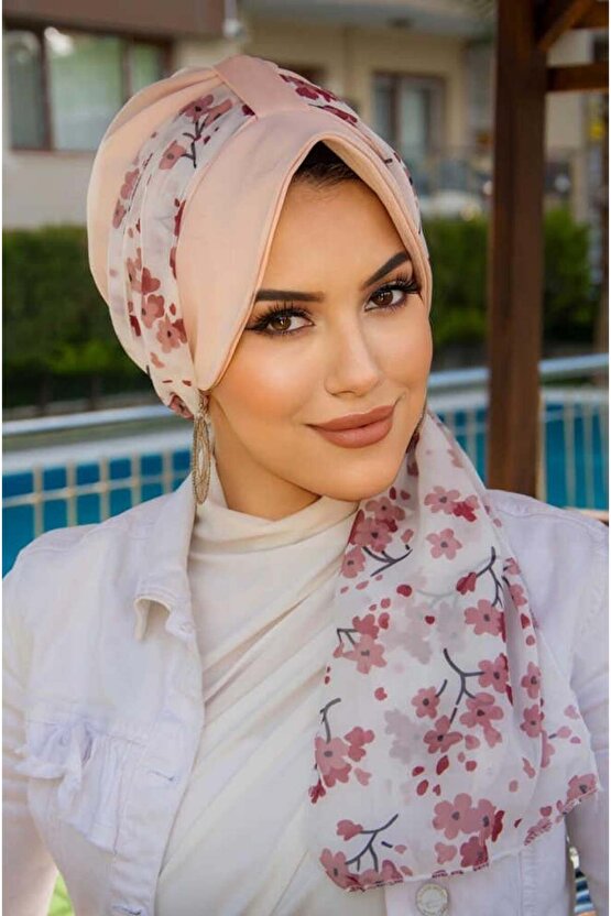 Pudra Çiçek Desen Fularlı Şapka Bone