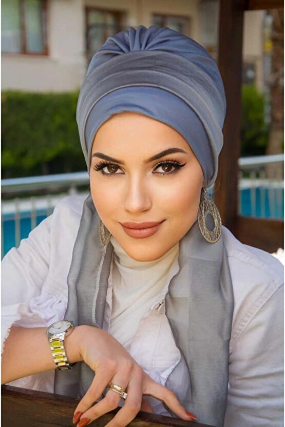 Gri Gümüş Fularlı Bone