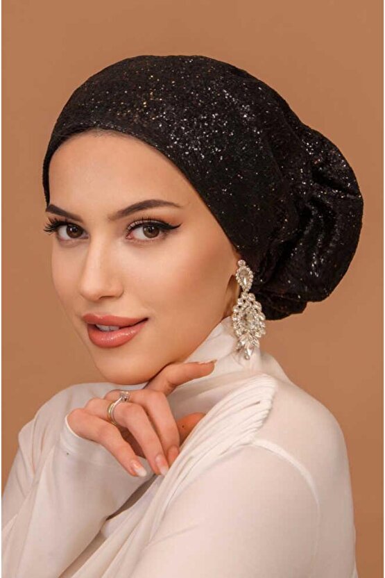 Siyah Simli Çağla Abiye Hazır Türban Bone