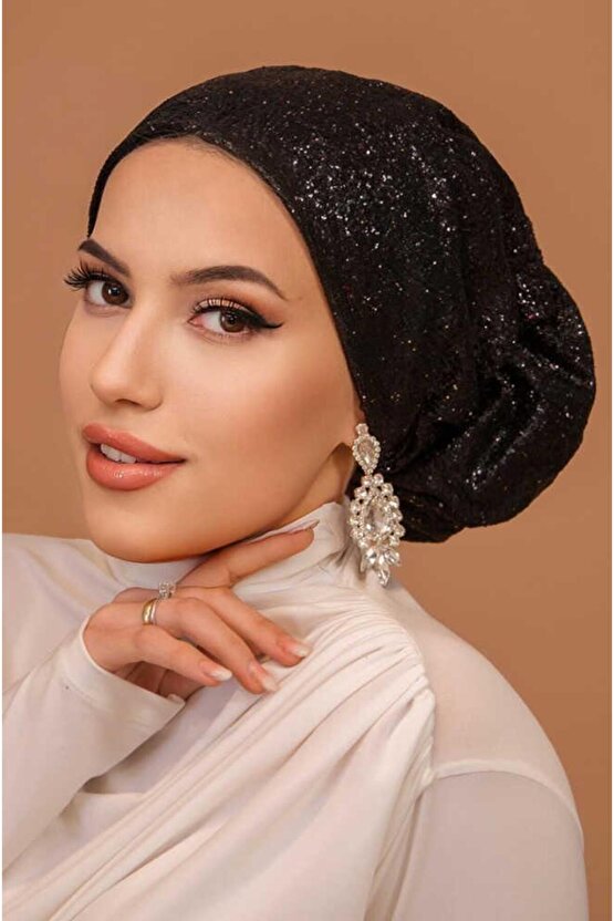 Siyah Simli Çağla Abiye Hazır Türban Bone