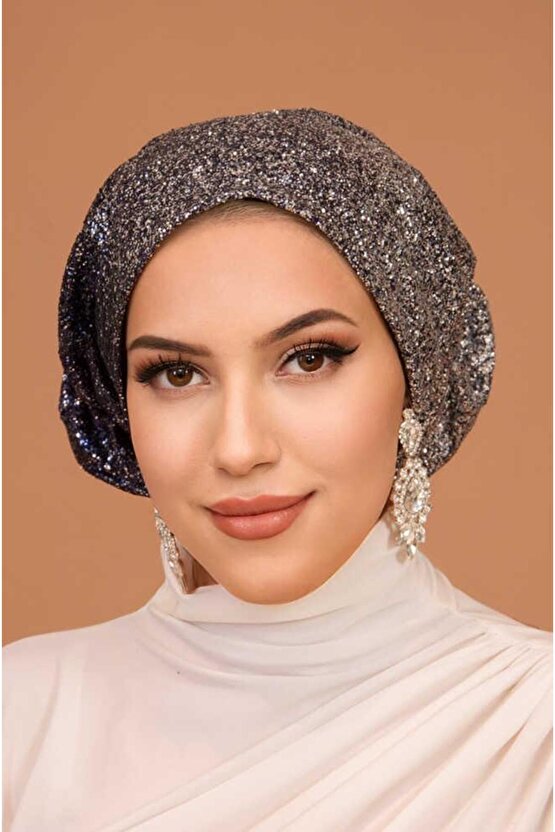 Gümüş Lacivert Simli Çağla Abiye Hazır Türban Bone