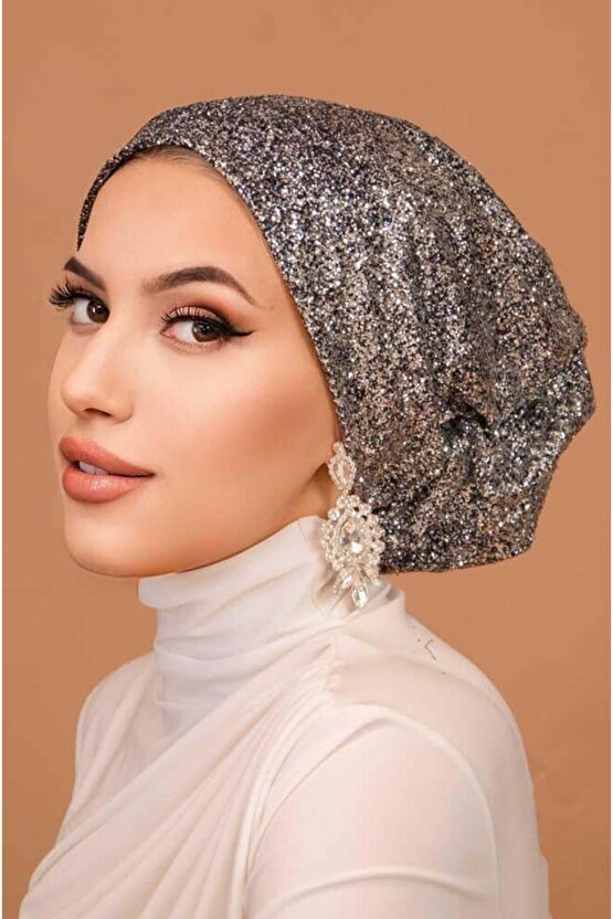 Gümüş Lacivert Simli Çağla Abiye Hazır Türban Bone