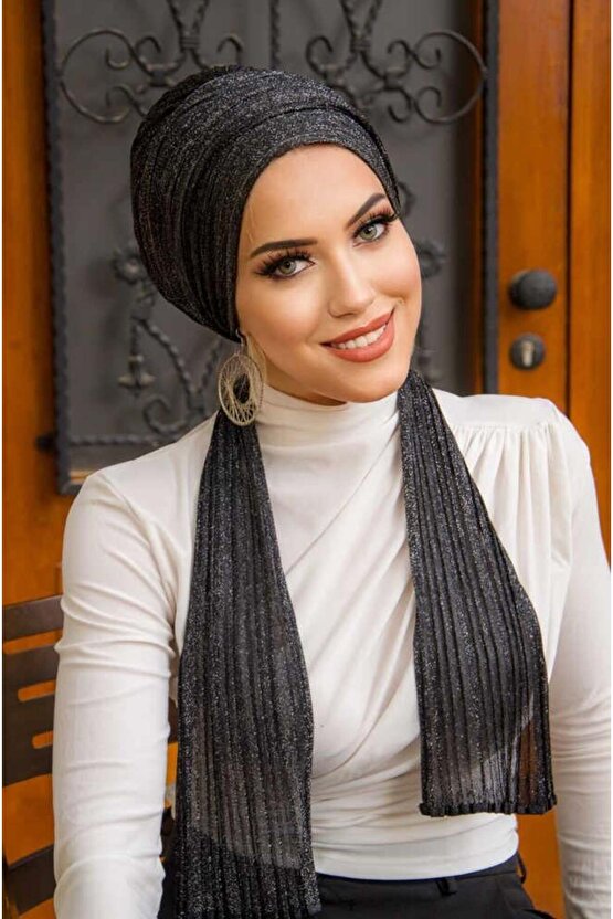 Siyah Gümüş Simli Piliseli Abiye Atkılı Bone