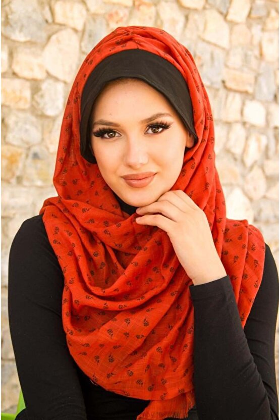 Taba Çiçek Baskılı Şapkalı Şal