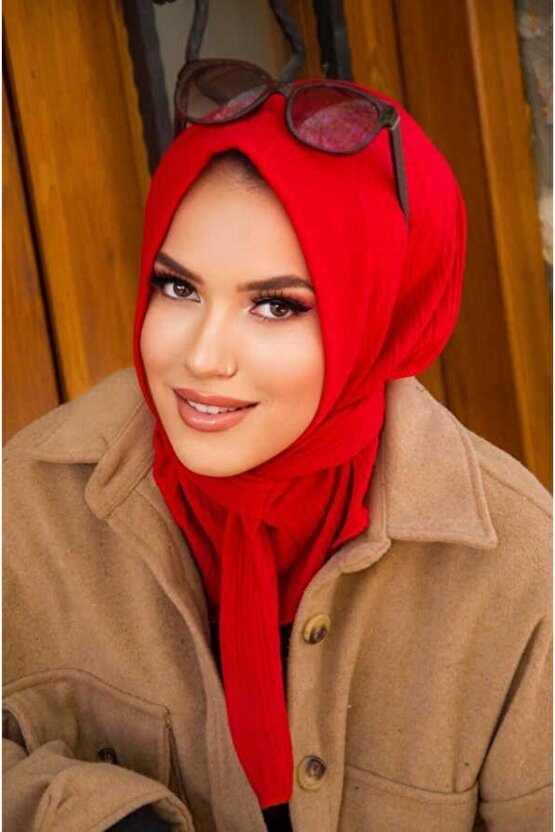 Kırmızı Çizgili Kışlık Hazır Eşarp