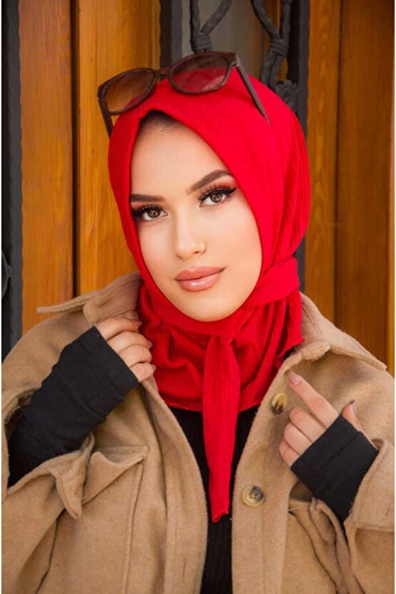 Kırmızı Çizgili Kışlık Hazır Eşarp