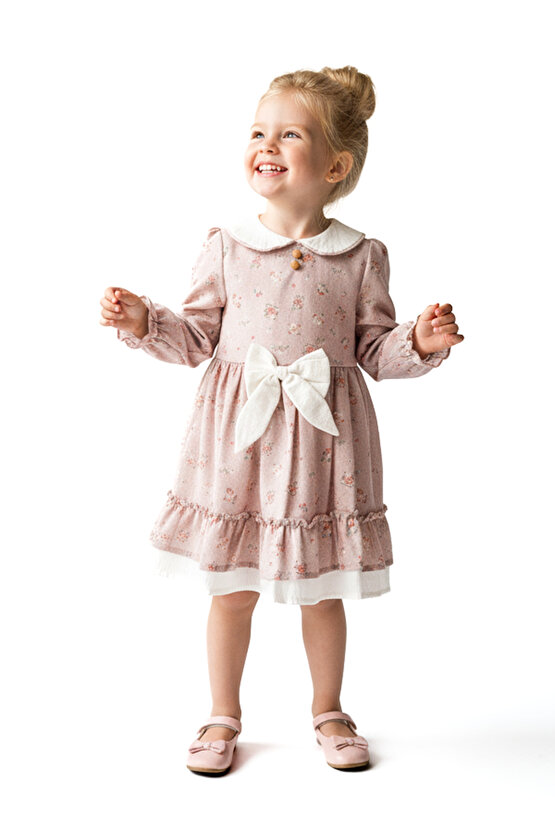 Kız Bebek Elbise Kız Çocuk Elbise Yakalı Doğum Günü Parti Düğün Özel Gün Uzun Kol Fiyonklu Çiçekli