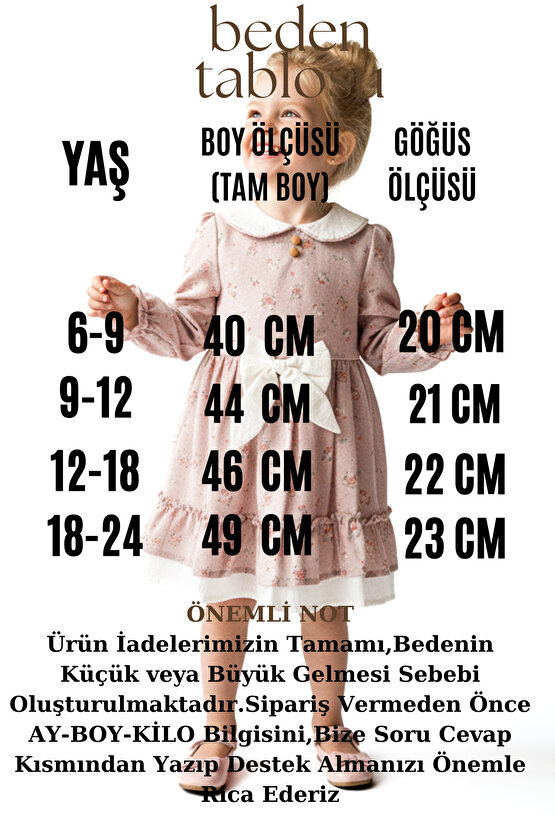 Kız Bebek Elbise Kız Çocuk Elbise Yakalı Doğum Günü Parti Düğün Özel Gün Uzun Kol Fiyonklu Çiçekli