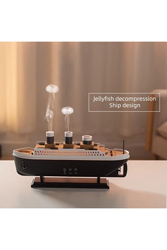 ODA HAVA NEMLENDİRİCİ AROMA DİFİZÖR HUMUDİFİER GEMİ ŞEKLİNDE RGB LED IŞIKLI BUHAR MAKİNESİ