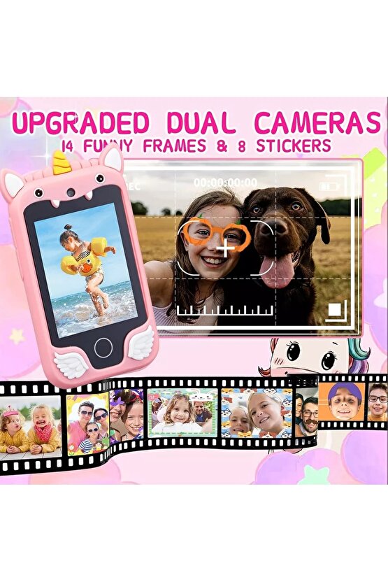 ÇOCUKLAR İÇİN EĞİTİCİ TELEFON DOKUNMATİK EKRAN ÇİFT KAMERALI FENERLİ MÜZİK ÇALAR OYUN VİDEO KAYIT