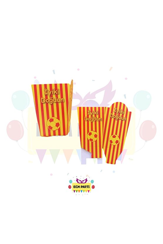 Taraftar Temalı Sarı Kırmızı Karton Popcorn Mısır Kutusu 8 Li - Doğum Günü Parti Seti Malzemeleri