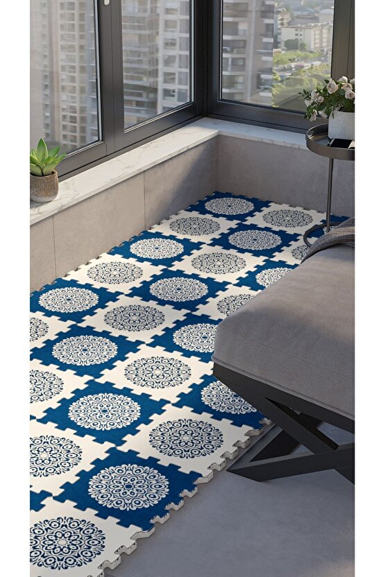 Mavi Beyaz Cam Balkon Yer Halısı Thb11 | Yapboz Halı | Puzzle Halı