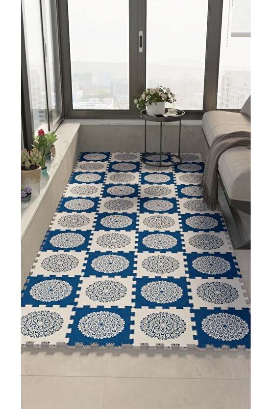 Mavi Beyaz Cam Balkon Yer Halısı Thb11 | Yapboz Halı | Puzzle Halı