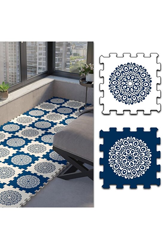 Mavi Beyaz Cam Balkon Yer Halısı Thb11 | Yapboz Halı | Puzzle Halı